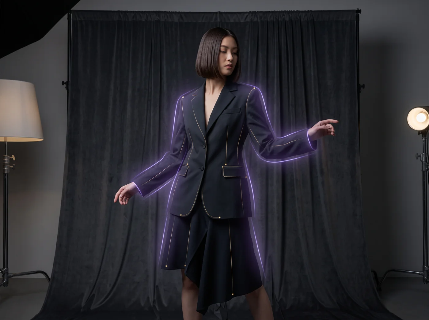 A model in a tailored outfit traced by a glowing violet AR fit outline — a live virtual try-on visualisation