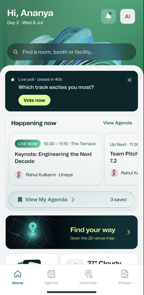 Prism Events home screen: a live poll, the happening-now keynote, and a find-your-way venue map